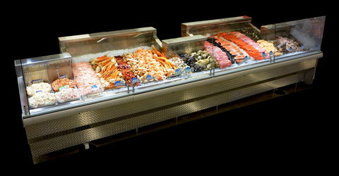 SeafoodCasesOnline.com - FSC19554 Fresh Seafood Display Case with Diamond Plate Finish, Swing Out Glass, Deep Wings, and Misting System