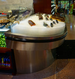 SeafoodCasesOnline.com - FSC14461 and FSM-CM Angled Refrigerated Full-Service Seafood Case with Deep Wings and Custom Self-Service Ice-Only Curve